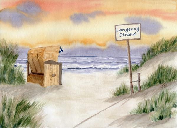 Poster DIN-A4 Watercolor Art Print Beach Chair Sunset North Sea Island Langeoog Sunset  Beach Ocean Dunes Seagulls